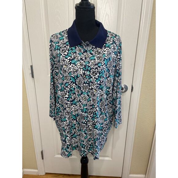Lands End Tunic Collared Top Blue Green Floral Size 2X BAUMWOLLE Cotton EUC - Picture 1 of 14